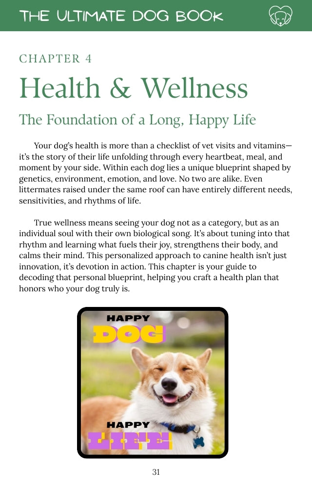 Page from a book titled 'The Ultimate Dog Book' focusing on health and wellness with a dog image at the bottom.
