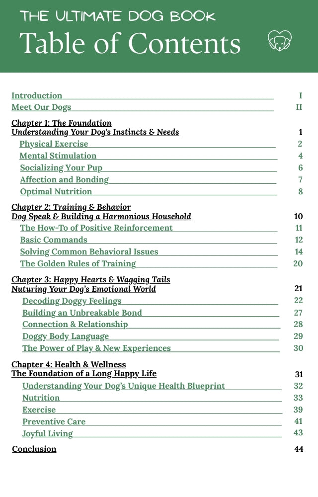 Table of contents for 'The Ultimate Dog Book' with a green header.