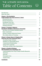 Table of contents for 'The Ultimate Dog Book' with a green header.